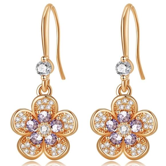 14K Yellow Gold with Tanzanite and Diamond Austrian Crystal Flower Hook Earrings